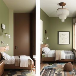 Add cozy elements, accents in white and cream, plants, wall art, and warm lighting to square bedroom with light green walls, dark brown wardrobe, twin beds.