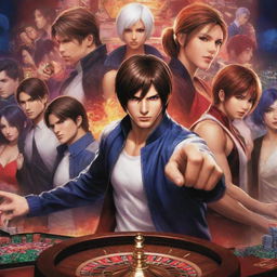 A dynamic scene where characters from 'King of Fighters' are playing at a sophisticated online casino, with game-themed elements and vibrant colors.