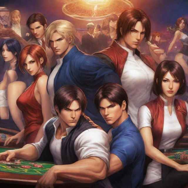 A dynamic scene where characters from 'King of Fighters' are playing at a sophisticated online casino, with game-themed elements and vibrant colors.