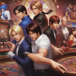 A dynamic scene where characters from 'King of Fighters' are playing at a sophisticated online casino, with game-themed elements and vibrant colors.