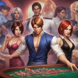 A dynamic scene where characters from 'King of Fighters' are playing at a sophisticated online casino, with game-themed elements and vibrant colors.