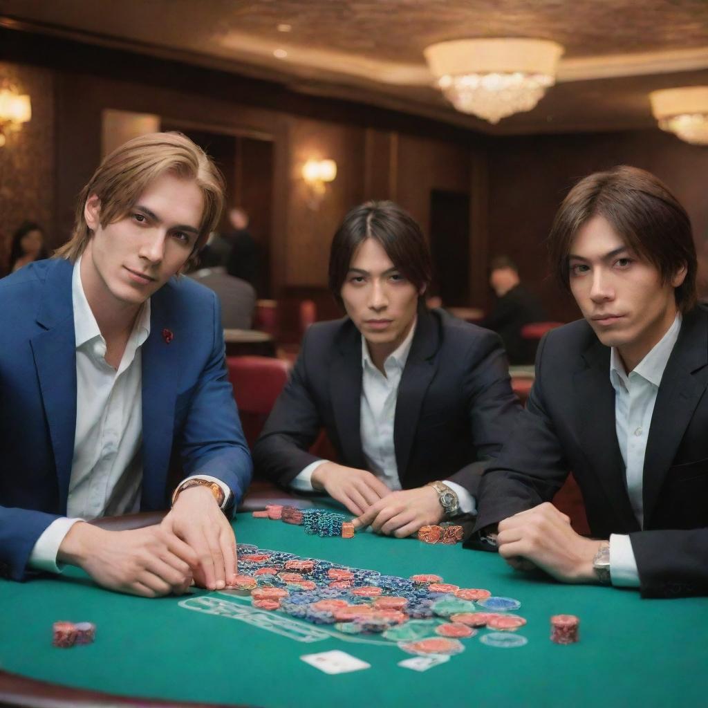 K dash, Iori Yagami, and Orochi Chris in an elaborate, vibrant online casino setting, engaged in a friendly competition at a poker table