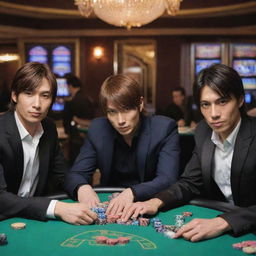 K dash, Iori Yagami, and Orochi Chris in an elaborate, vibrant online casino setting, engaged in a friendly competition at a poker table