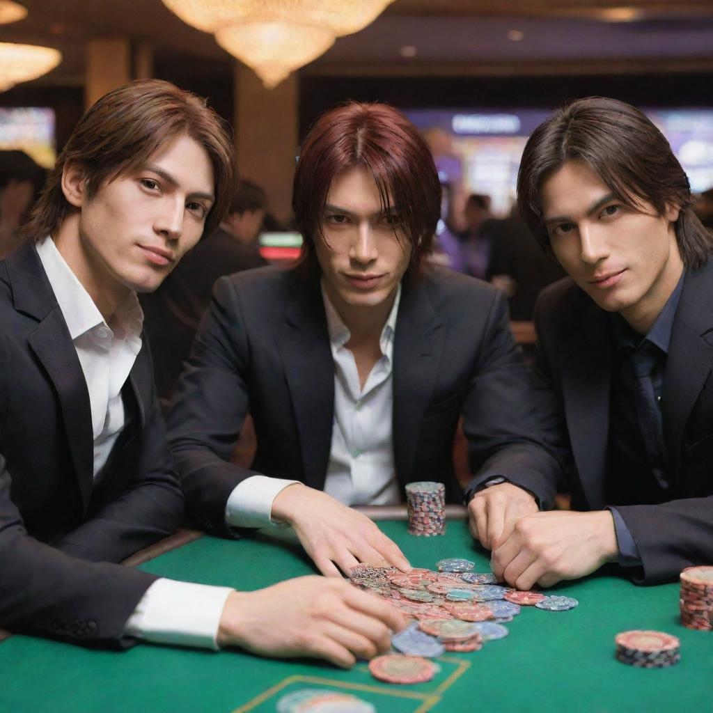 K dash, Iori Yagami, and Orochi Chris in an elaborate, vibrant online casino setting, engaged in a friendly competition at a poker table