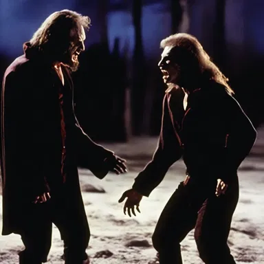 In the horror movie, the face-off between the vampire and the werewolf resulted in a thrilling battle.