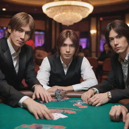 K dash, Iori Yagami, and Orochi Chris in an elaborate, vibrant online casino setting, engaged in a friendly competition at a poker table