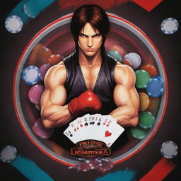 Design a poster themed around 'The King of Fighters' for an online casino. Include various elements from the game incorporating saturated, vibrant colors and pop-art style graphics, highlighting casino elements like poker chips, dice, and cards.