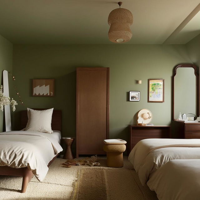 Add cozy elements, accents in white and cream, plants, wall art, and warm lighting to square bedroom with light green walls, dark brown wardrobe, twin beds.