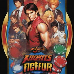 Design a poster themed around 'The King of Fighters' for an online casino. Include various elements from the game incorporating saturated, vibrant colors and pop-art style graphics, highlighting casino elements like poker chips, dice, and cards.