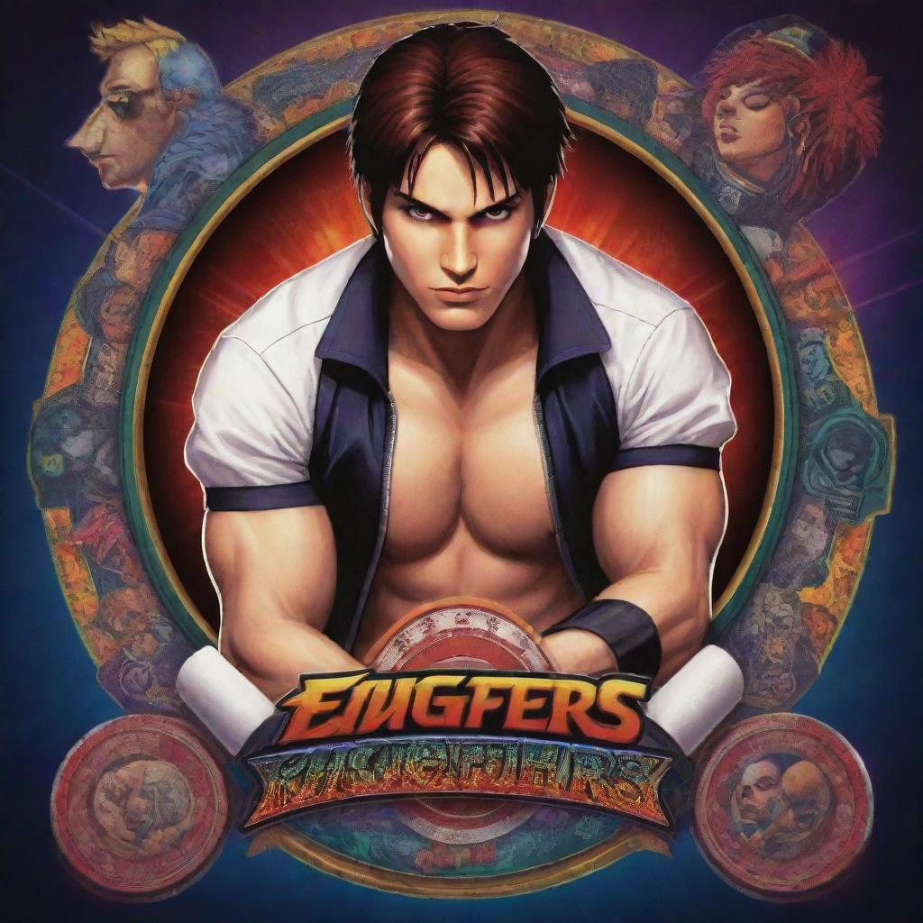 Design a poster themed around 'The King of Fighters' for an online casino. Include various elements from the game incorporating saturated, vibrant colors and pop-art style graphics, highlighting casino elements like poker chips, dice, and cards.