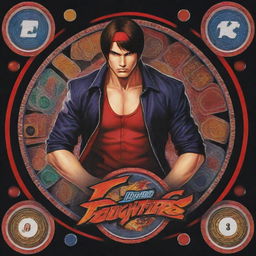 Design a poster themed around 'The King of Fighters' for an online casino. Include various elements from the game incorporating saturated, vibrant colors and pop-art style graphics, highlighting casino elements like poker chips, dice, and cards.