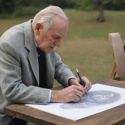 An aged gentleman engrossed in the act of creating a detailed drawing, showcasing his expertise and the scenic beauty of the drawing.