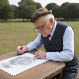 An aged gentleman engrossed in the act of creating a detailed drawing, showcasing his expertise and the scenic beauty of the drawing.