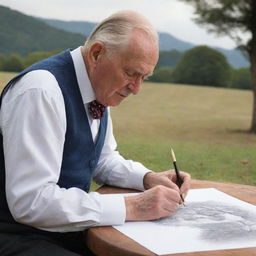 An aged gentleman engrossed in the act of creating a detailed drawing, showcasing his expertise and the scenic beauty of the drawing.