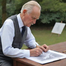 An aged gentleman engrossed in the act of creating a detailed drawing, showcasing his expertise and the scenic beauty of the drawing.