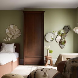 Add cozy elements, accents in white and cream, plants, wall art, and warm lighting to square bedroom with light green walls, dark brown wardrobe, twin beds.