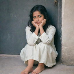 A Pakistani girl sitting on a doorstep, her head resting in her lap, legs curled, as if she is patiently waiting for her lover.