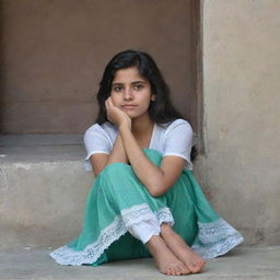 A Pakistani girl sitting on a doorstep, her head resting in her lap, legs curled, as if she is patiently waiting for her lover.