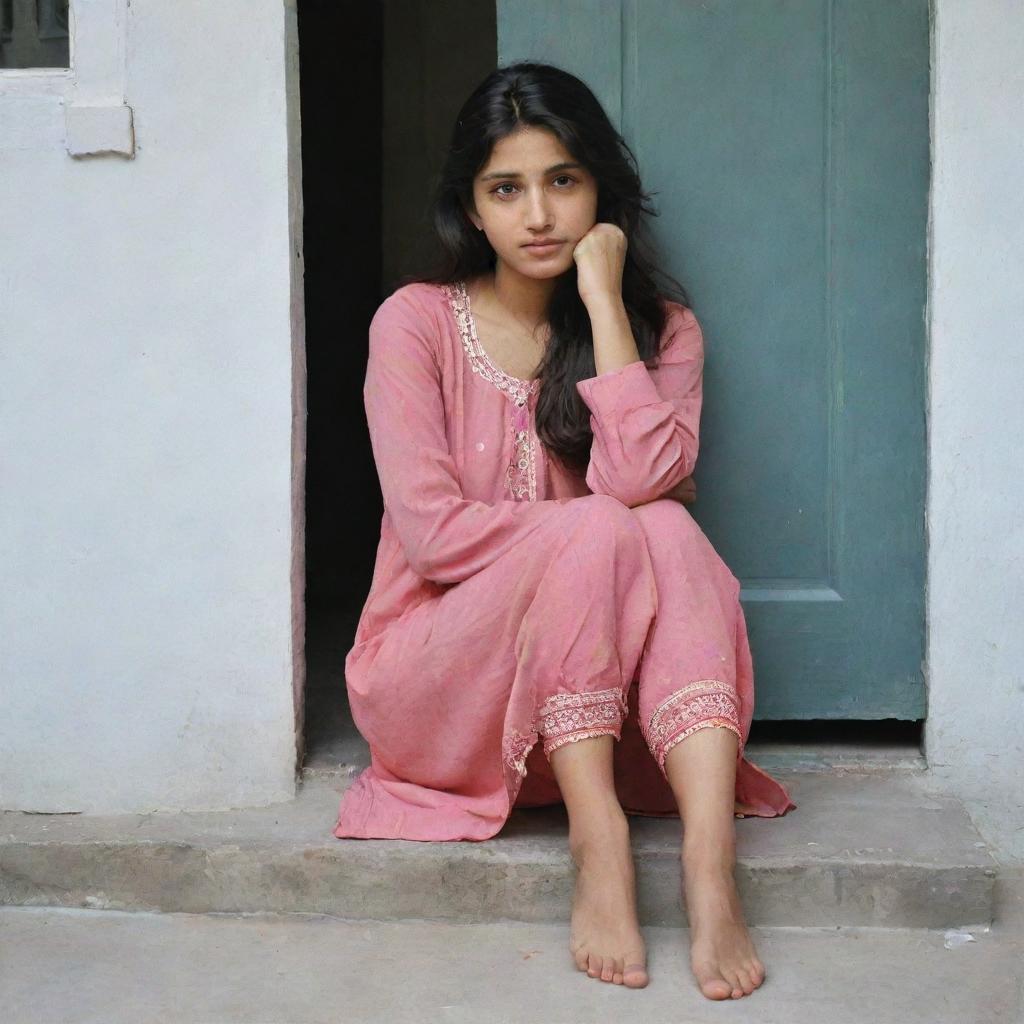 A Pakistani girl sitting on a doorstep, her head resting in her lap, legs curled, as if she is patiently waiting for her lover.