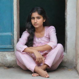 A Pakistani girl sitting on a doorstep, her head resting in her lap, legs curled, as if she is patiently waiting for her lover.