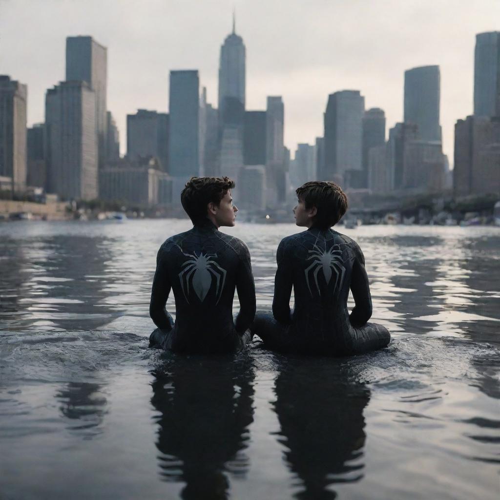 A seven-year-old superhero mashup of Peter Parker and Venom, sitting despondently like a vagrant, amidst a city submerged in water, with the silhouette of a devastated metropolis in the background.