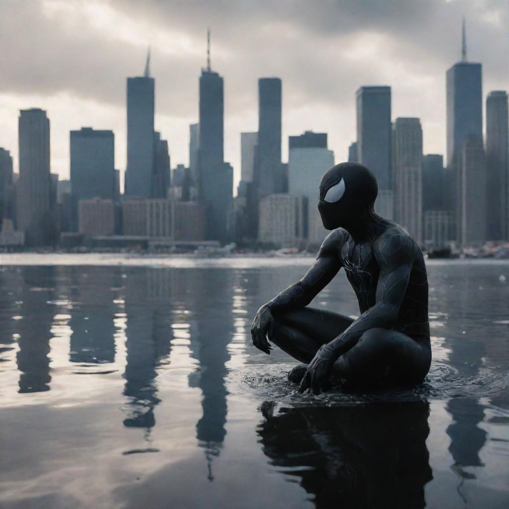 A seven-year-old superhero mashup of Peter Parker and Venom, sitting despondently like a vagrant, amidst a city submerged in water, with the silhouette of a devastated metropolis in the background.