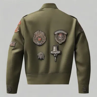 The design of the trendy military-inspired jacket incorporated small grade insignias on the sleeves.
