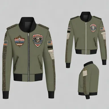 The design of the trendy military-inspired jacket incorporated small grade insignias on the sleeves.