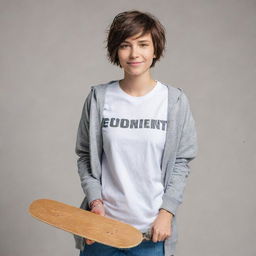 A tomboyish woman dressed in comfortable sporty clothes, with short hair and a confident attitude. She's casually holding a skateboard.