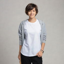 A tomboyish woman dressed in comfortable sporty clothes, with short hair and a confident attitude. She's casually holding a skateboard.