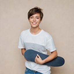 A tomboyish woman dressed in comfortable sporty clothes, with short hair and a confident attitude. She's casually holding a skateboard.