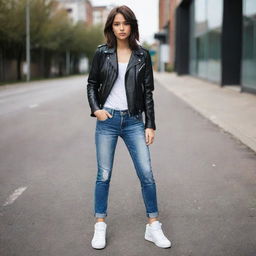 A cool tomboyish girl, confident and stylish, with a hint of rebellious spirit. She's wearing a leather jacket, jeans, and sneakers, and her attitude is as striking as her outfit.