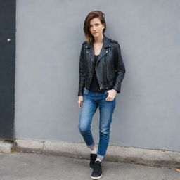 A cool tomboyish girl, confident and stylish, with a hint of rebellious spirit. She's wearing a leather jacket, jeans, and sneakers, and her attitude is as striking as her outfit.