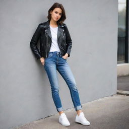 A cool tomboyish girl, confident and stylish, with a hint of rebellious spirit. She's wearing a leather jacket, jeans, and sneakers, and her attitude is as striking as her outfit.