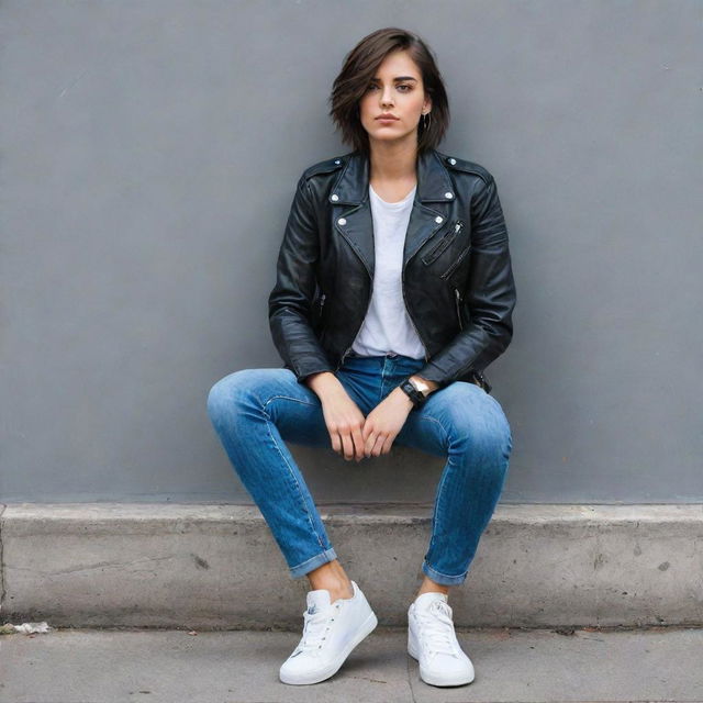 A cool tomboyish girl, confident and stylish, with a hint of rebellious spirit. She's wearing a leather jacket, jeans, and sneakers, and her attitude is as striking as her outfit.