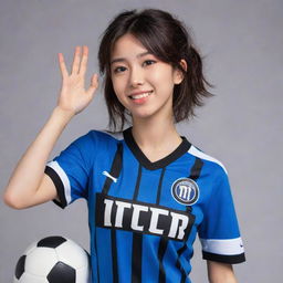 Anime style girl wearing an Inter Milan football jersey, with an energetic pose and a playful expression on her face.