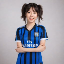 Anime style girl wearing an Inter Milan football jersey, with an energetic pose and a playful expression on her face.