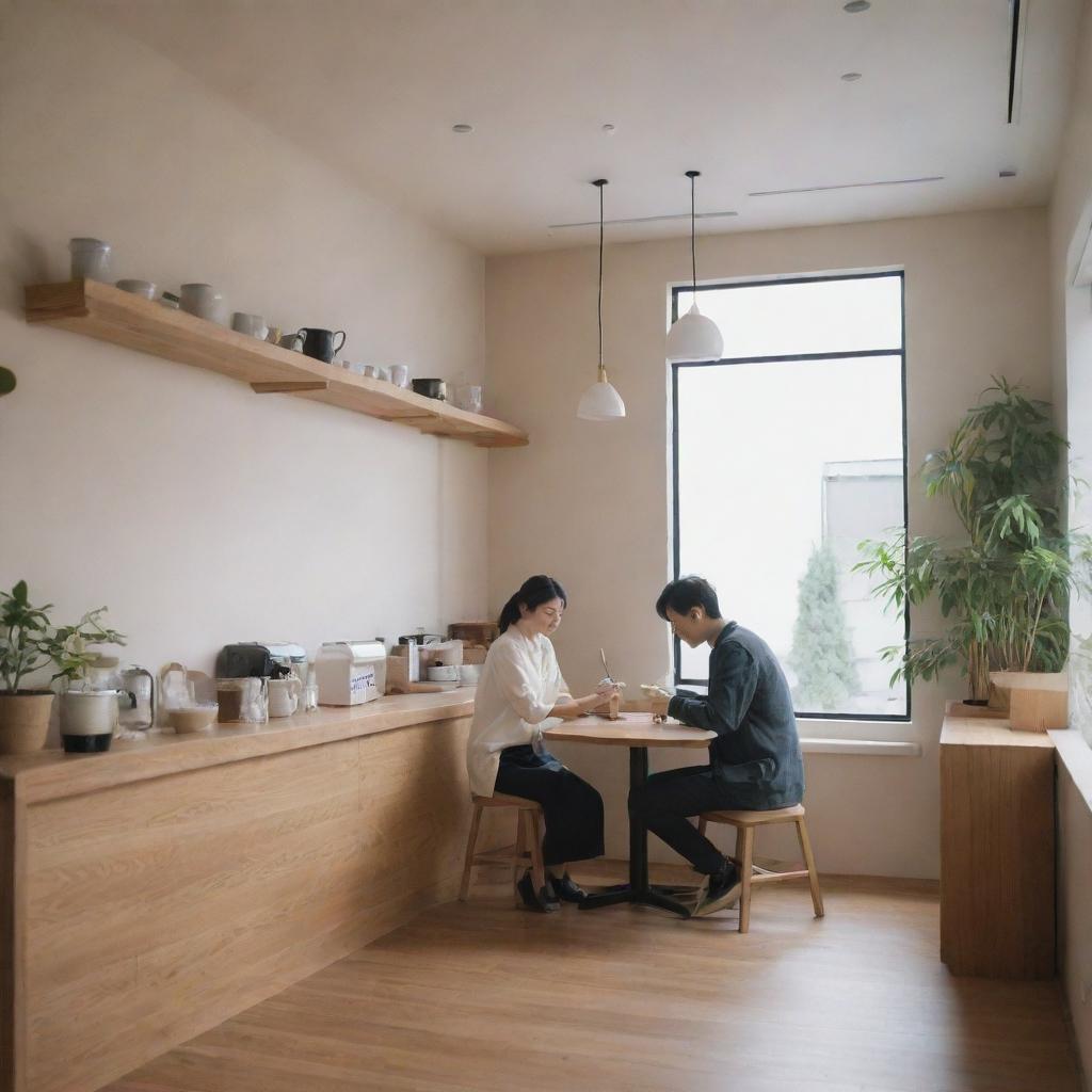 A tranquil scene featuring a Japanese couple diligently working together in a trendy, minimalist cafe, filled with the aromatic scent of freshly brewed coffee.