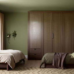 Cozy bedroom decoration, light green walls, dark brown wooden wardrobe, two beds, square room layout, modern chic style with decorative pillows, area rug, and subtle wall art.