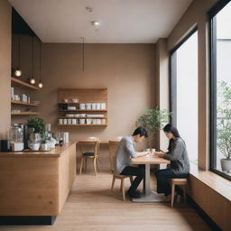 A tranquil scene featuring a Japanese couple diligently working together in a trendy, minimalist cafe, filled with the aromatic scent of freshly brewed coffee.