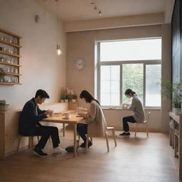 A tranquil scene featuring a Japanese couple diligently working together in a trendy, minimalist cafe, filled with the aromatic scent of freshly brewed coffee.