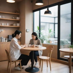 A tranquil scene featuring a Japanese couple diligently working together in a trendy, minimalist cafe, filled with the aromatic scent of freshly brewed coffee.