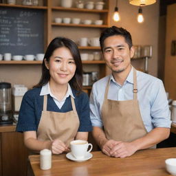 A charming Japanese couple, both proprietors of their own coffee shop, are seen working harmoniously together, their shared passion evident in the warm ambiance of the place.