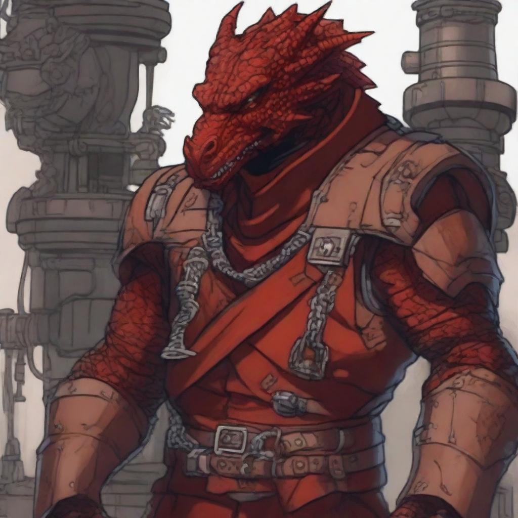 This digital art image showcases a young red dragonborn rogue, dressed in stealthy attire, tinkering with complex machinery