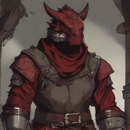 This digital art image showcases a young red dragonborn rogue, dressed in stealthy attire, tinkering with complex machinery