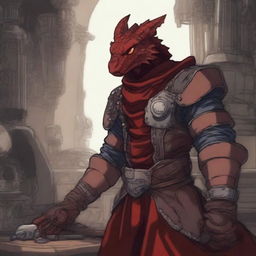 This digital art image showcases a young red dragonborn rogue, dressed in stealthy attire, tinkering with complex machinery