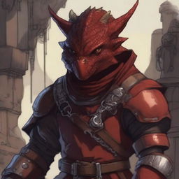 This digital art image showcases a young red dragonborn rogue, dressed in stealthy attire, tinkering with complex machinery