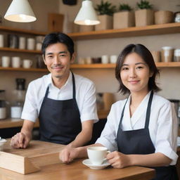 A charming Japanese couple, both proprietors of their own coffee shop, are seen working harmoniously together, their shared passion evident in the warm ambiance of the place.