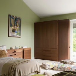 Cozy bedroom decoration, light green walls, dark brown wooden wardrobe, two beds, square room layout, modern chic style with decorative pillows, area rug, and subtle wall art.