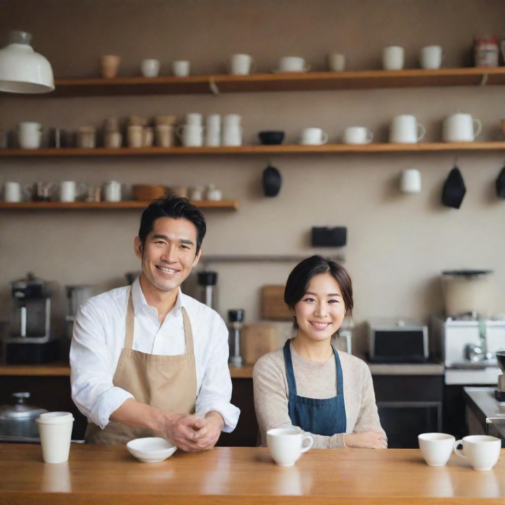 A charming Japanese couple, both proprietors of their own coffee shop, are seen working harmoniously together, their shared passion evident in the warm ambiance of the place.